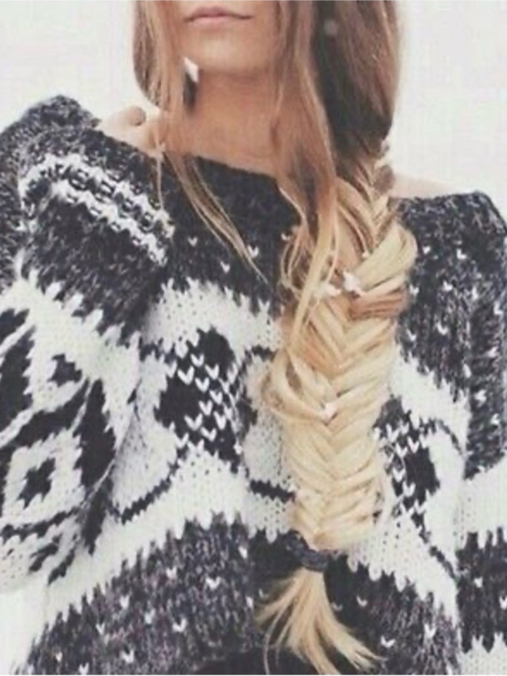 Free People Black and White Chunky Knit Scoop Neck Sweater